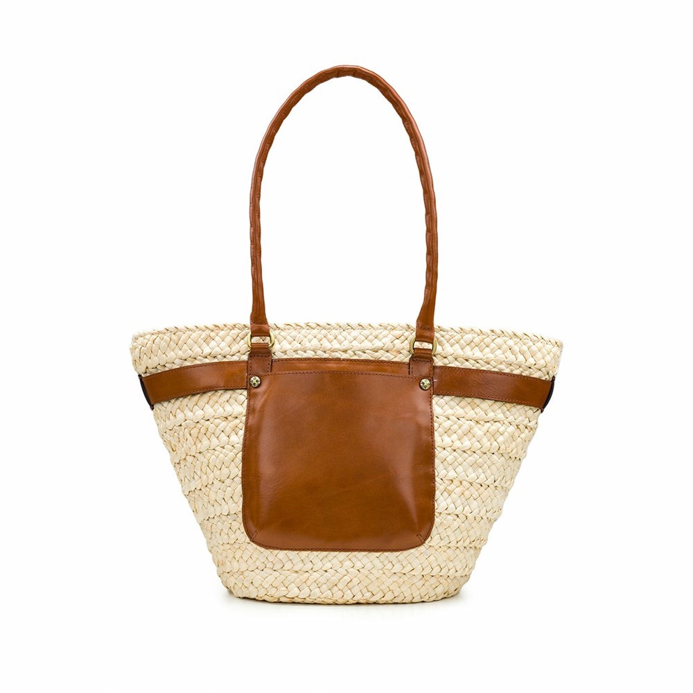 Beige Brown Women's Patricia Nash Vieste Straw With Rainforest Scarf Tote Bags | 70896SVLZ