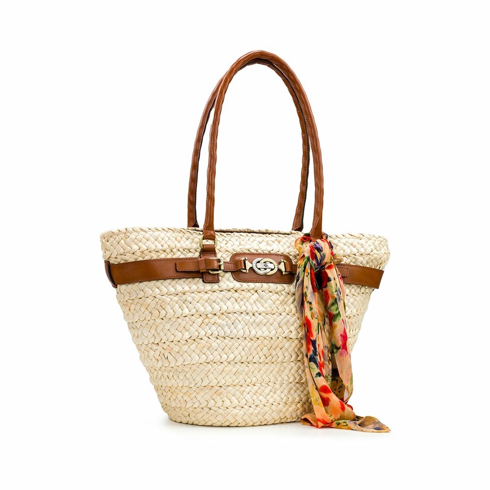 Beige Brown Women's Patricia Nash Vieste Straw With Rainforest Scarf Tote Bags | 70896SVLZ