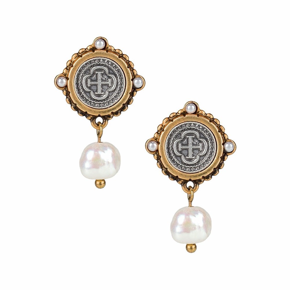 Gold Women\'s Patricia Nash Coin With Pearl Post Earrings | 56934NACL