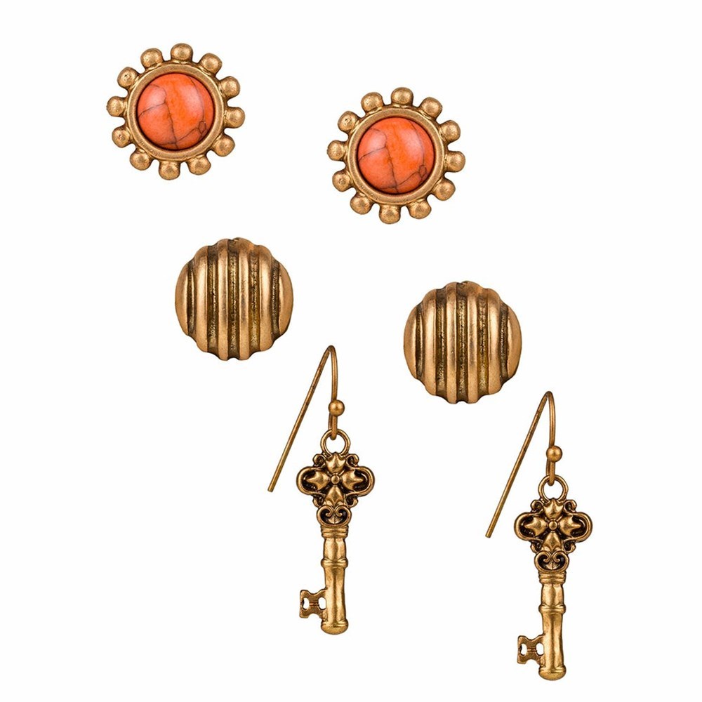 Gold Women\'s Patricia Nash Key Drop and Stud Trio Earrings | 52340TOPA