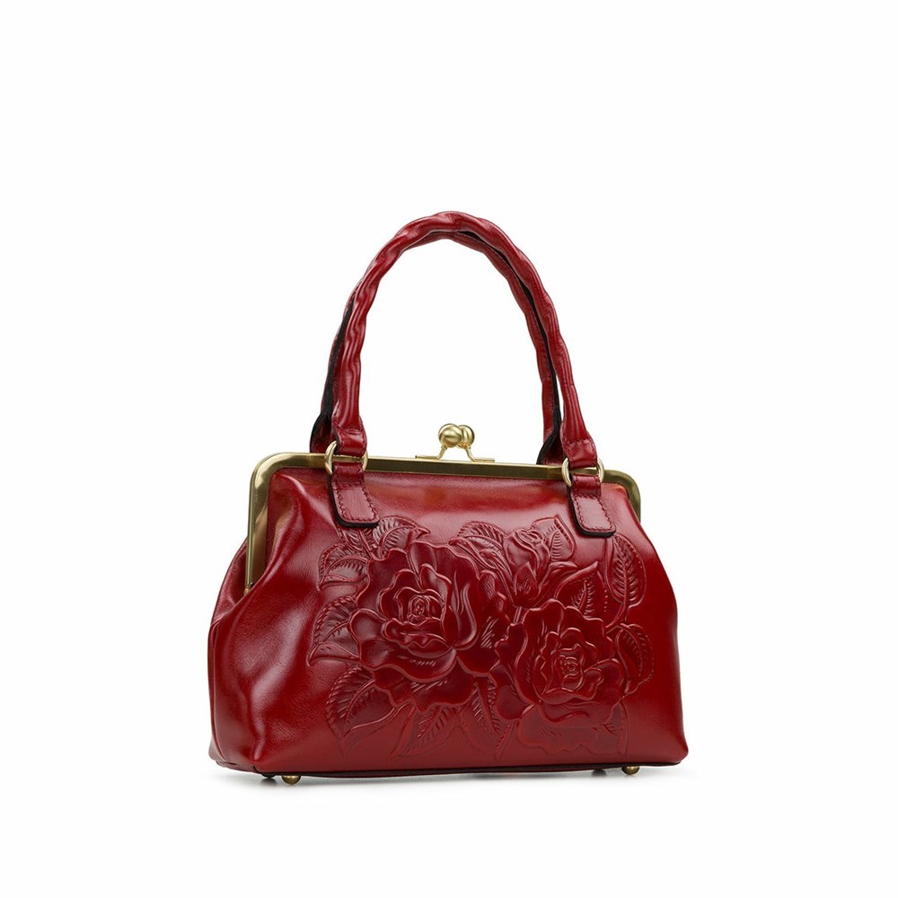 Red Women's Patricia Nash Rora Frame Satchel Handbags | 05263KENO