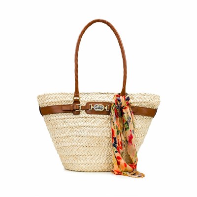 Beige Brown Women's Patricia Nash Vieste Straw With Rainforest Scarf Tote Bags | 70896SVLZ